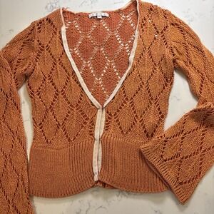 VTG Y2K Cabi Open Crochet Knit Cardigan Sweater Ribbon Edge Snaps Boho Fairy MED